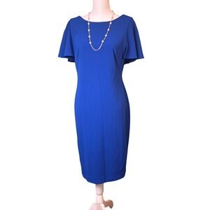 Calvin Klein Cape Sleeve Sheath Dress W 10 Royal Blue Flutter Back Chic Office